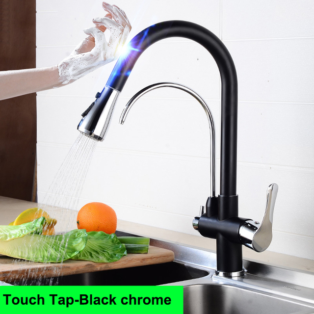 Gold Touch Filter Kitchen Mixer Tap Dual Handle Hot Cold Brass Kitchen Sink Faucets Smar Sensor Touch Pull Out Kitchen Faucets