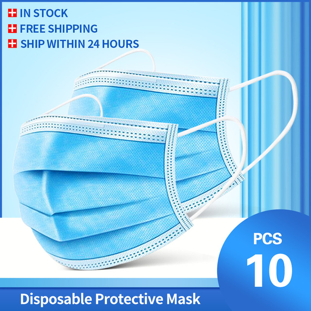 In Stock 10/100pcs Disposable Nonwoven Face Mask 3 Layers Anti Dust Respirator Mask With Elastic Ear Band For Adults