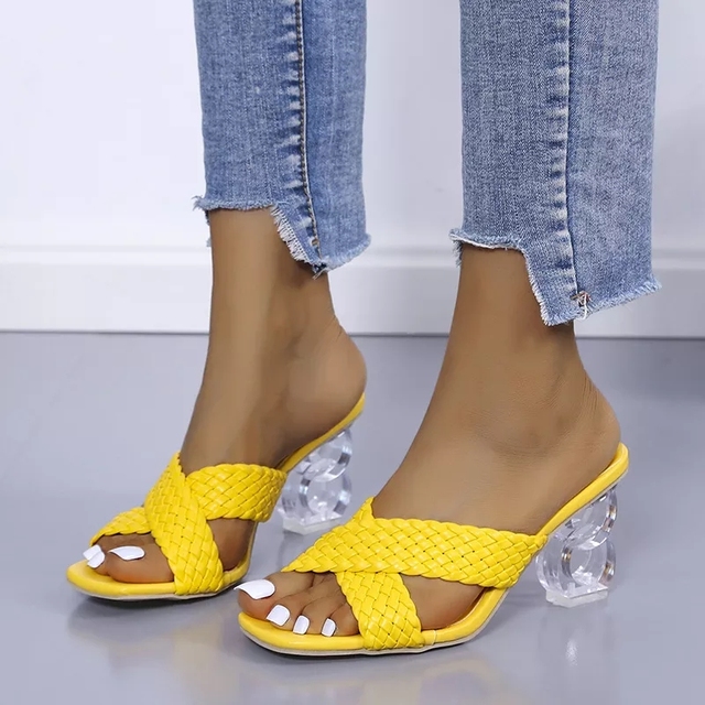 2022 summer new woven high heel crystal square toe fashion ladies sandals beach slippers casual women's shoes