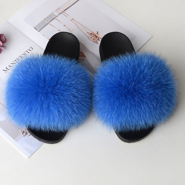 Genuine Fluffy Fur Slippers Women Summer Indoor Flip Flops Fur Sandals Slides Ladies Home Furry Plush Shoes Woman Fur Slides