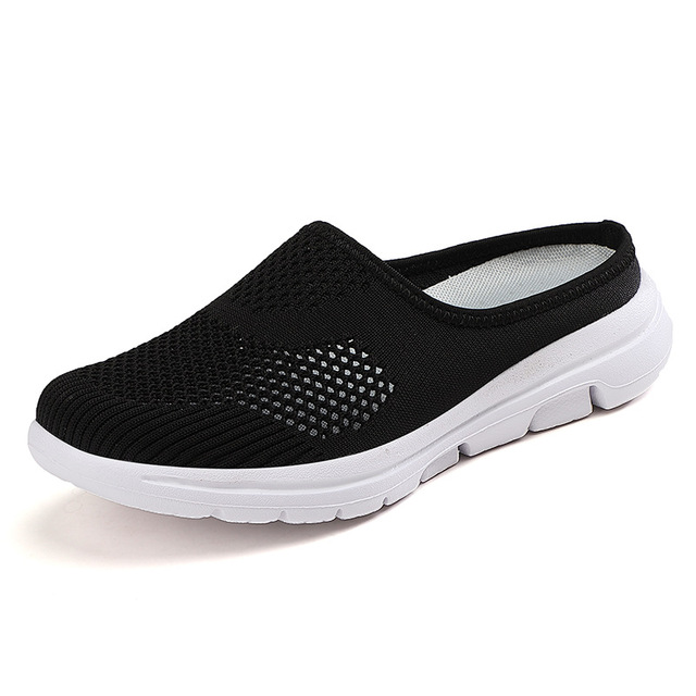 Women's lightweight flat round toe flat shoes, soft summer shoes, breathable mesh, black