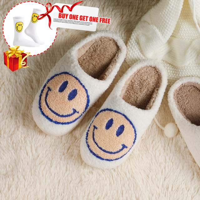 2021 new smiley face slippers women indoor slippers happy face slippers smiley face soft plush comfortable warm fluffy slippers for men