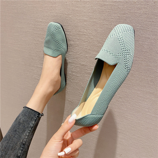 2021 Women Flat Knitted Square Toe Colorblock Soft Ladies Zapatos De Sport Zapatillas Mujer Ballet Breathable Moccasins