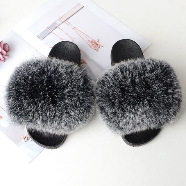 Women Summer Fluffy Fur Slippers Flat Non-slip Solid Real Furry Fur Slides Platform Shoes Plush Fur Sandals Flip Flops Women