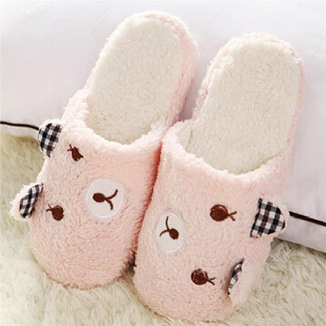 Women Plush Short Winter Slippers Cotton Bear Flat Shoes Home Bedroom Home Soft Velvet