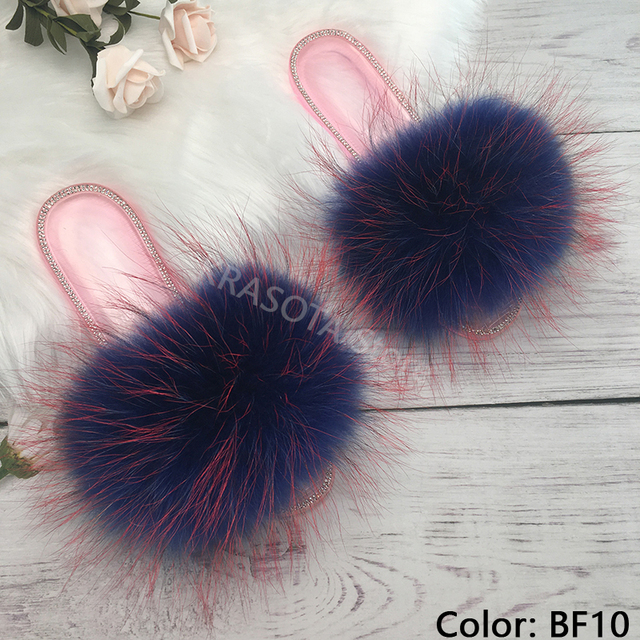 fluffy slippers women real fur home slides summer crystal rhinestones shoes for women flip flops with fur jelly sandals women