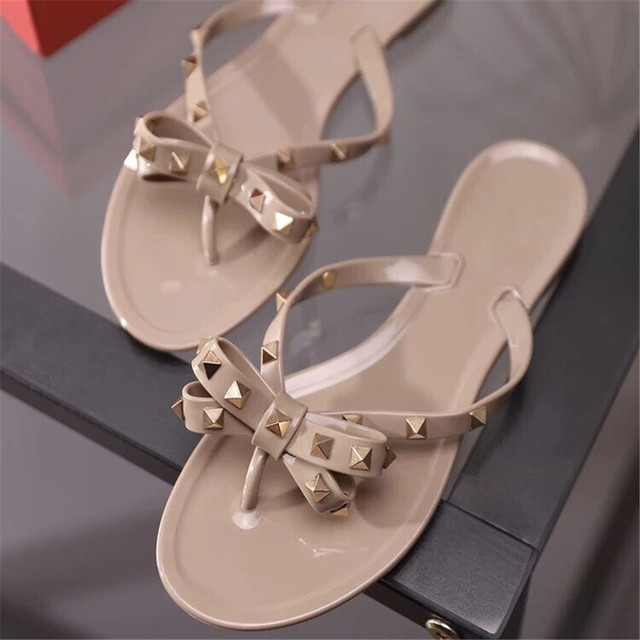 Fashion Brand Summer Flip Flops Woman Rivets Women Sandals Bow-knot Flat Slippers Girls Studded Beach Slides Jelly Shoes 35-41