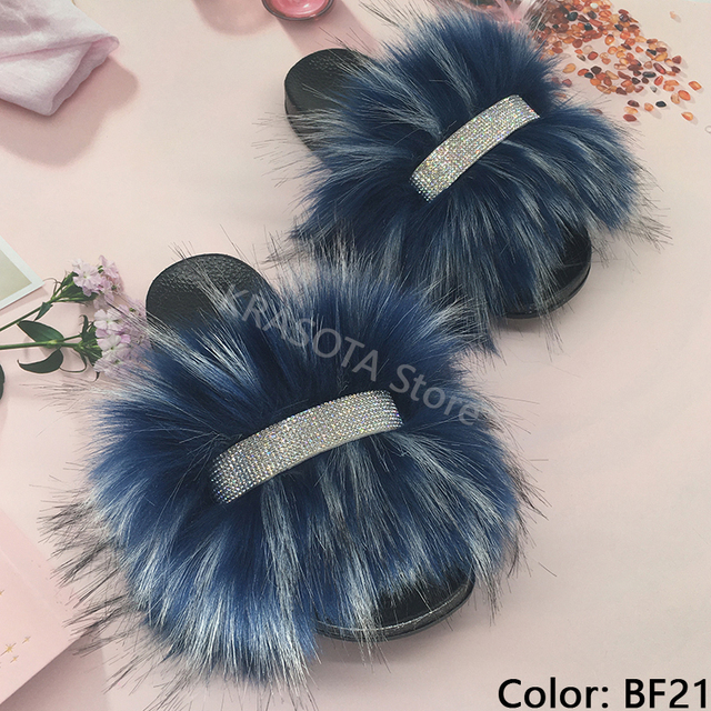 Home Slippers Women Thin Slippers Luxury Summer Faux Fur Slippers Furry Slides Shoes For Women With Rhinestones Slipper 2022