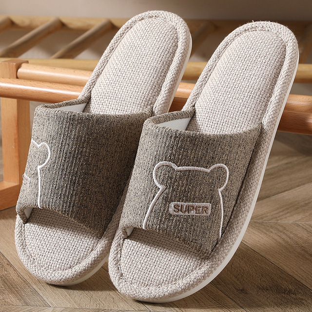 Women Indoor Linen Slippers Floor Couple Bedroom Shoes Ladies Summer Cute Cartoon Open Toes Non-slip Flip Flops Zapatillas Mujer