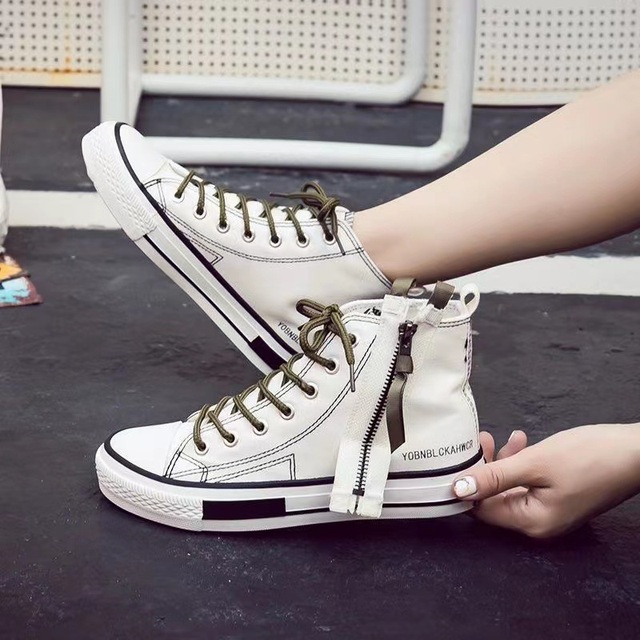 New 2022 Spring Autumn Fashion High Top Sneakers Canvas Shoes Casual Shoes Women Flat Male Zipper Lace Up Solid Trainers 43 44