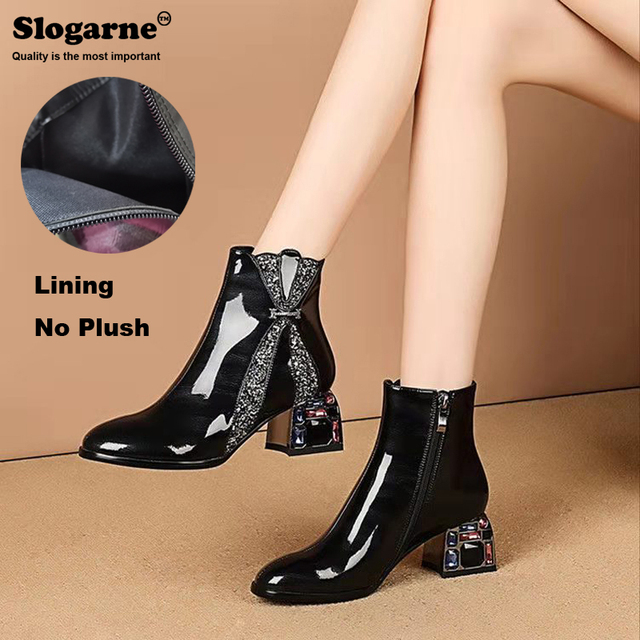 Women's shoes modern diamond high heels spring autumn patent leather waterproof female short ankle boots winter shoes party pump