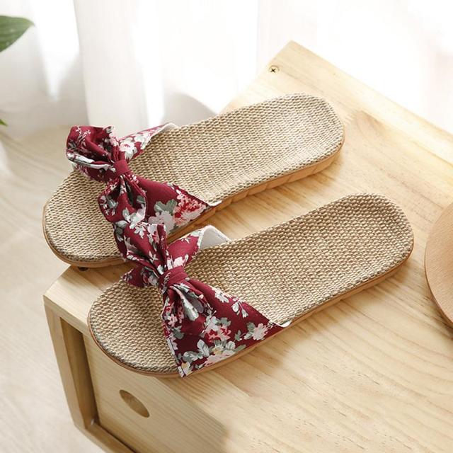 Summer Bowknot Linen Slippers Women Ladies Slippers Soft Bottom Silent Indoor Slippers Casual Slides Breathable Beach Shoes