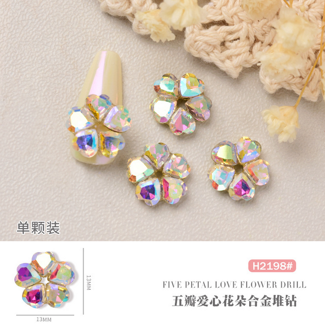 10pcs/lot 3D Nail Art Love Hearts Flowers Shapes AB Side Rhinestones Nail Tips Decorations