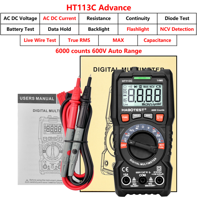 HABOTEST Automotive Digital Multimeter Hz Ohm NCV System AC Voltmeter DC Multimeter Multimeter