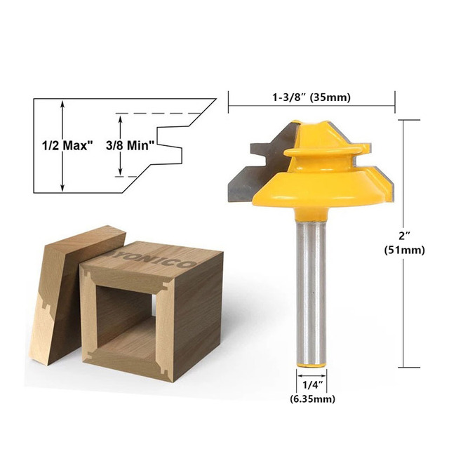 1/2" 1/4" 8mm Shank 45 Degree Lock Miter Router Bit 8*1-1/2 8*1-3/8 Tenon End Cutter Milling Tools for Woodworking