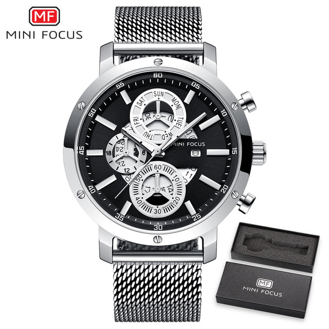 MINIFOCUS Fashion Men Sports Watches Top Sliver Deluxe Quartz Watches Men Mesh Strap Ultra-thin Waterproof Wristwatch Chronograph