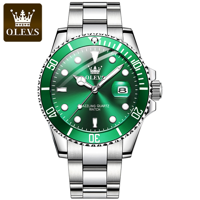 OLEVS Men's Luminous Waterproof Green Water Ghost Watch Quartz Watch Men's Watch Trend Calendar Display Stainless Steel Strap 5885