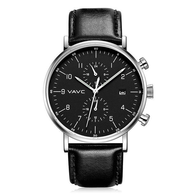 VAVC New Fashion Top Business Analog Quartz Wrist Watch for Men 24 Hours Display Leather Band Dial and Date Function Watches Men