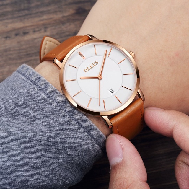 OLEVS Ultra-thin Men Watches Top Brand Fashion Casual Luxury Genuine Leather Japan Quartz Waterproof Wristwatch for Male