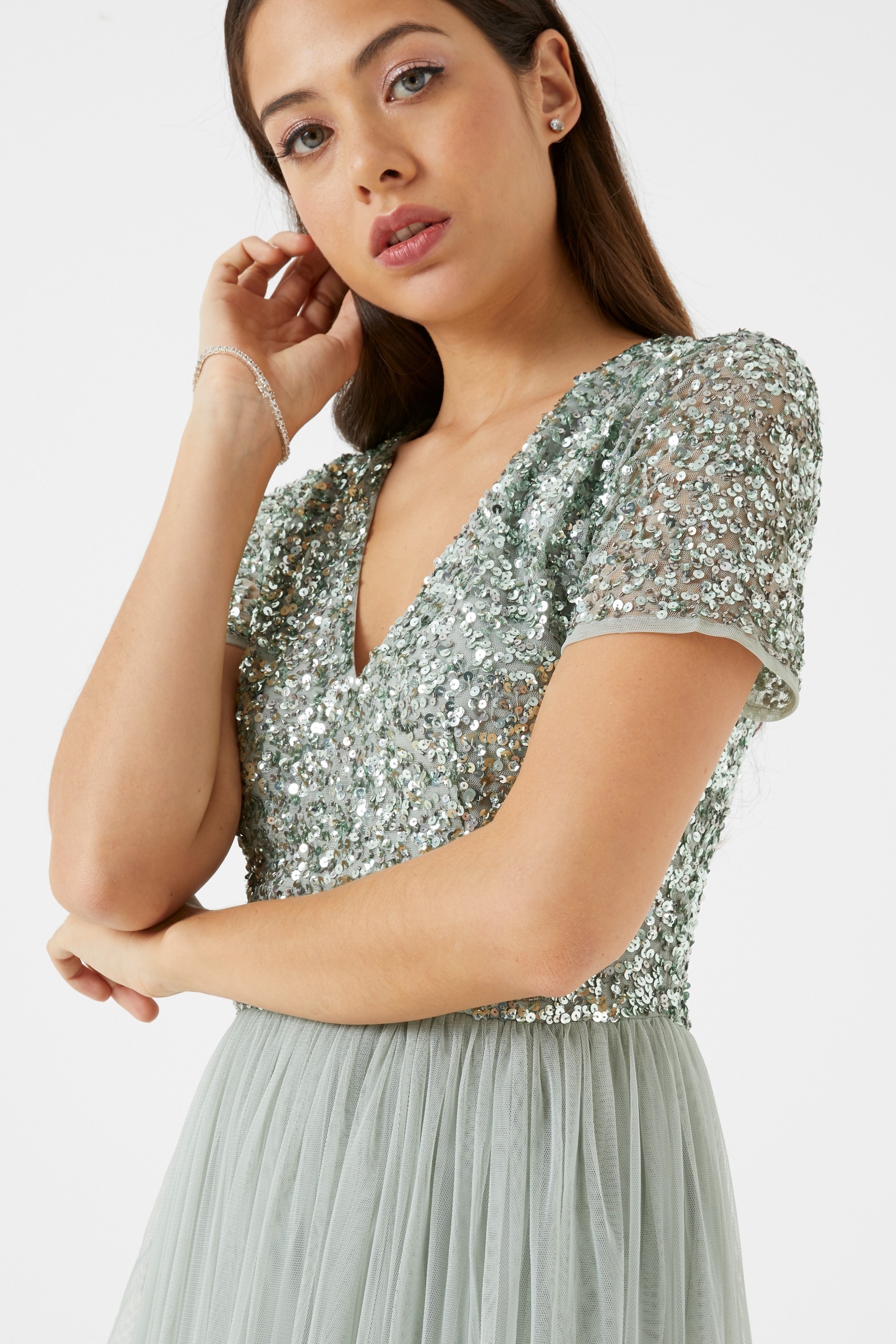 Maya V Neck Short Sleeve Sequin Maxi Dress Regular