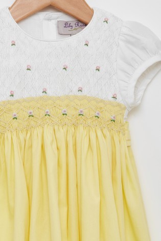 Trotters London Lemon Rose Hand Smocked Yellow Dress