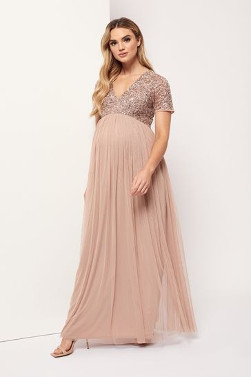 Maya Maternity Delicate Sequin Cap Sleeve Maxi Dress