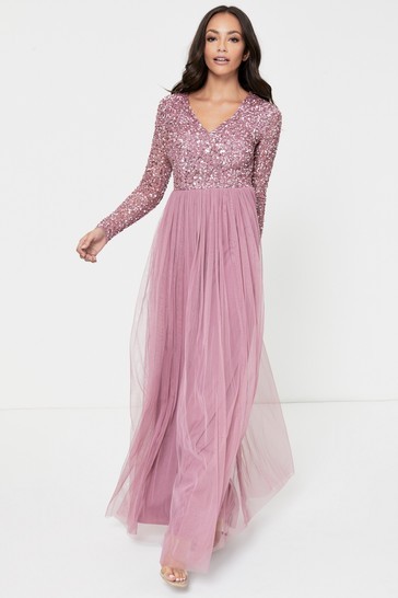 Maya V Neck Long Sleeve Sequin Maxi Dress Regular