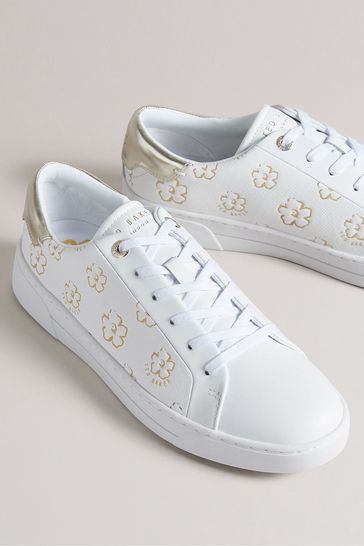 Ted Baker Taliy White Gold Magnolia Flower Cupsole Trainers