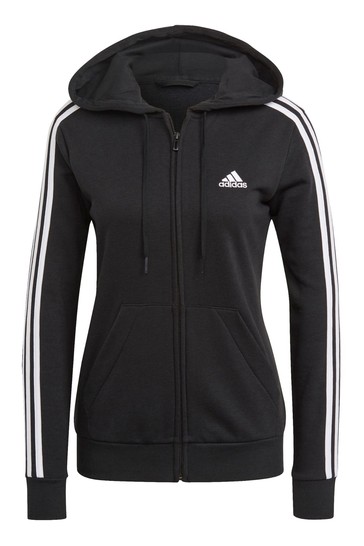 adidas Black 3 Stripe French Terry Full Zip Hoodie