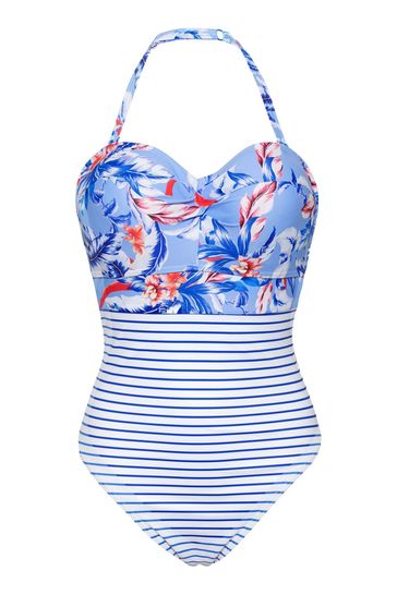 Figleaves Blue Tahiti Underwired Twist Bandeau Tummy Control Swimsuit