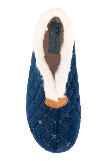 Lunar Blue Jem Fur Trim Slippers