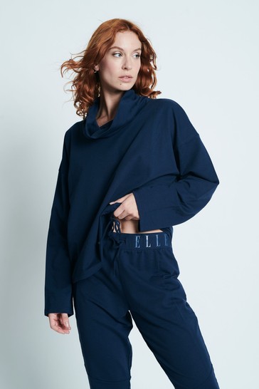 Elle Navy	Blue Loungewear Tie Detail Asymmetric Long Sleeve Top