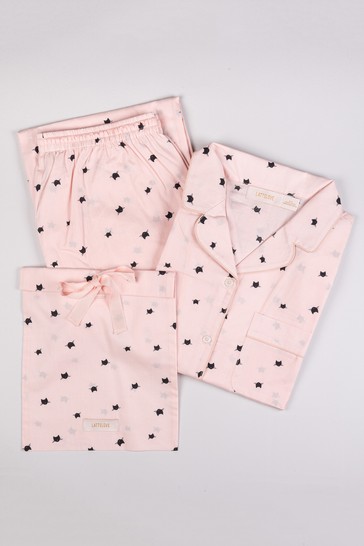 LatteLove Pink Peach With Cat Pattern Pure Cotton Pyjama Set