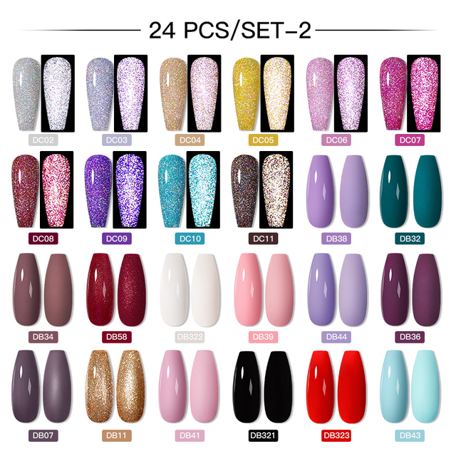 Mtssii 60pcs Color Gel Nail Polish Set Glitter Nail Sequins Gel Soak Off UV Gel Semi Permanent Base Top Gel Nail Art Salon Kits