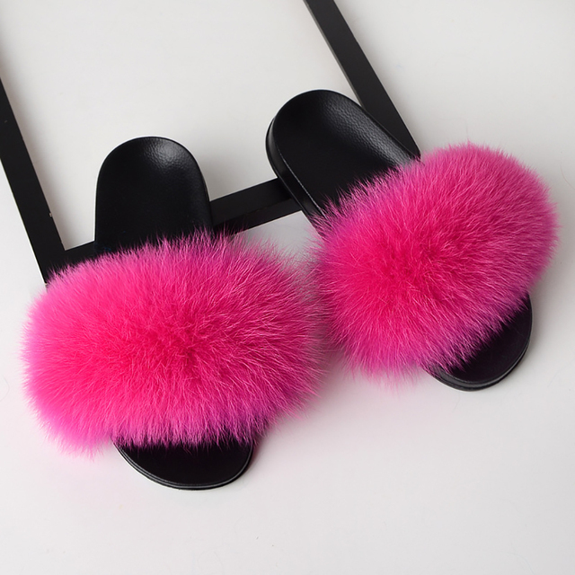 fluffy slippers women luxury real fox fur slippers women home fur slides ladies summer flip flops wholesale flat shoes slippers