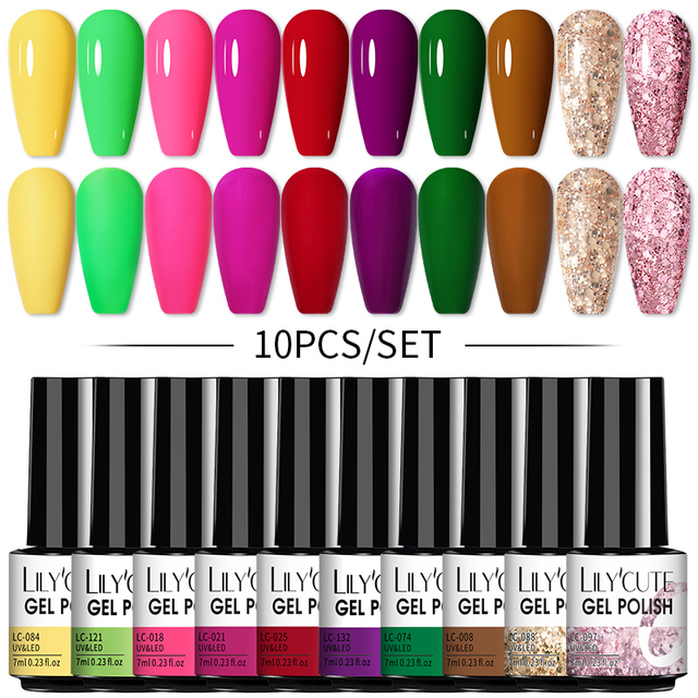 LILYCUTE 10pcs Gel Nail Polish Set With UV Lamp Nude Gel Semi Permanent Hybrid Varnish Base Top Coat Soak Off UV LED Nail Art