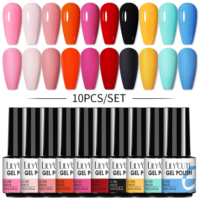 LILYCUTE 10pcs Gel Nail Polish Set With UV Lamp Nude Gel Semi Permanent Hybrid Varnish Base Top Coat Soak Off UV LED Nail Art