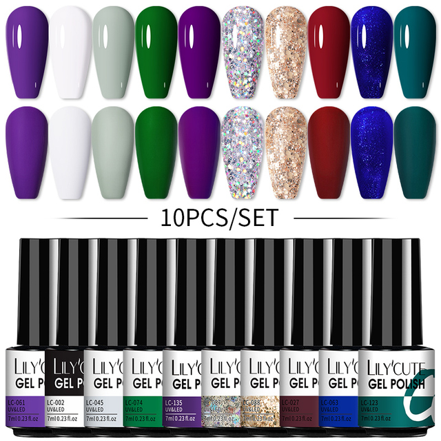 LILYCUTE 10pcs Gel Nail Polish Set With UV Lamp Nude Gel Semi Permanent Hybrid Varnish Base Top Coat Soak Off UV LED Nail Art