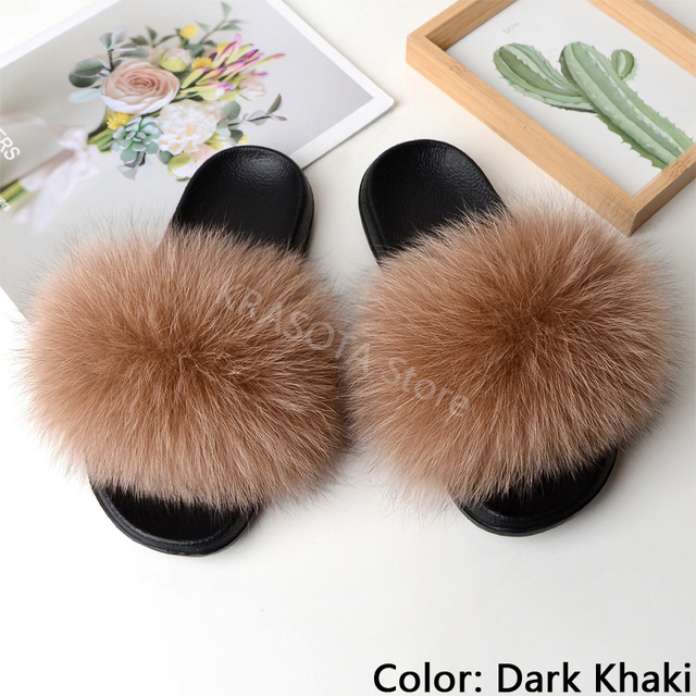 fluffy slippers women luxury real fox fur slippers women home fur slides ladies summer flip flops wholesale flat shoes slippers