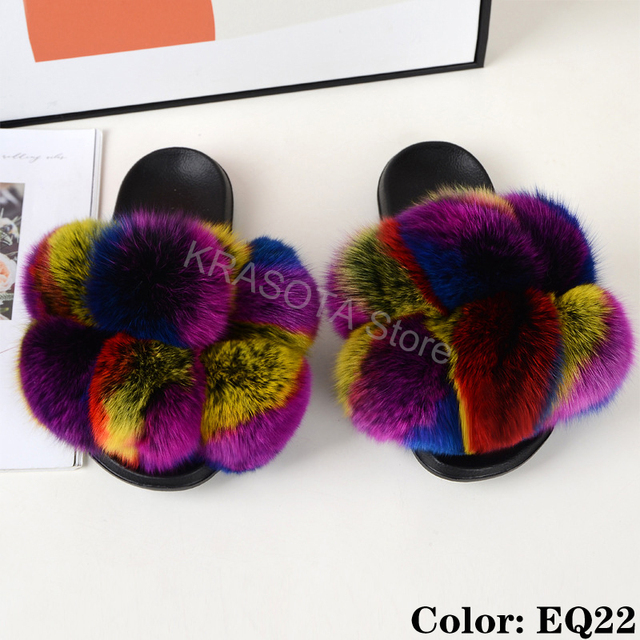 fluffy slippers women luxury real fox fur slippers women home fur slides ladies summer flip flops wholesale flat shoes slippers