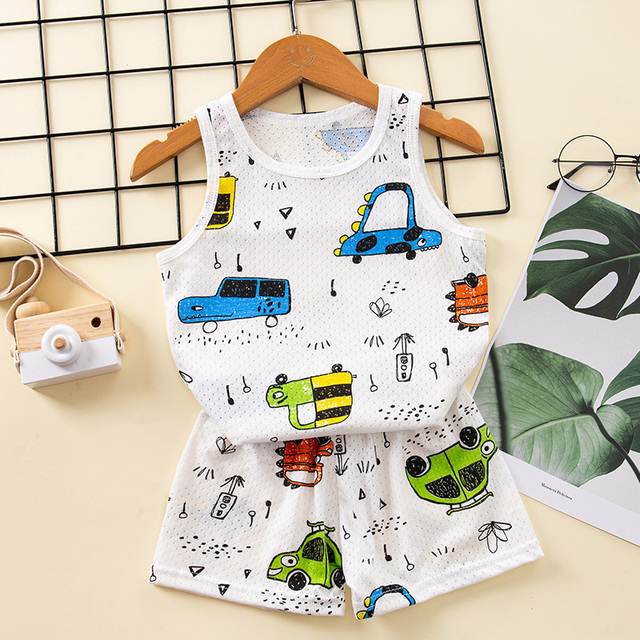 Baby Kids Pajamas Sets Cotton Boys Pajamas For Girls Sleeveless Hollow Dinosaur Tshirt Short Summer Pajama Suit Children Clothes