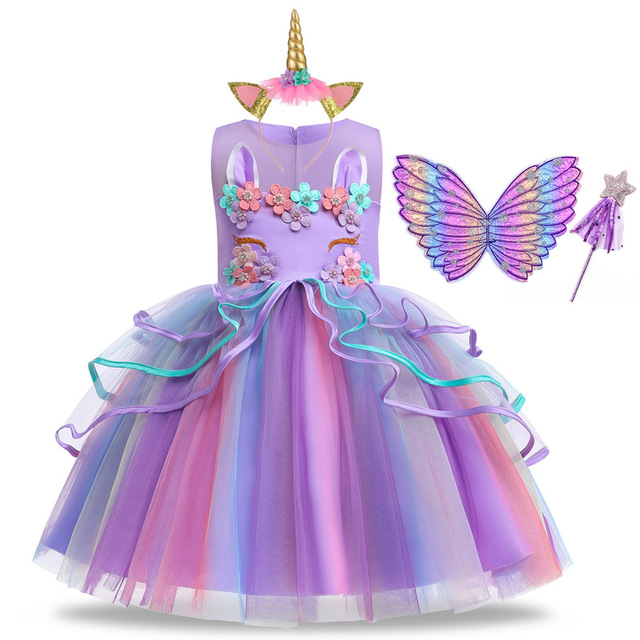 Summer Dress Girl Unicorn Cosplay Costume Children's Day Mesh Rainbow Tulle Princess Dress for Birthday Gift Kids Fashion Dress