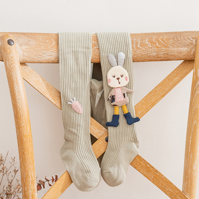 Cotton Tights for Girls Cute Cartoon Rabbit Children Pantyhose Soft Knitted Kids Tights Ribbed Striped Kids Stockings 3-12 Years