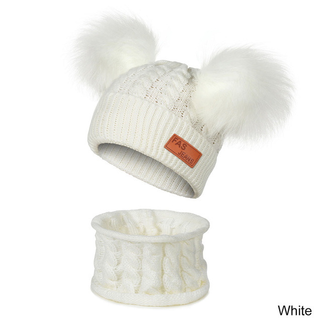 New Newborn Baby Kids Girls Boys Hat Scarf Winter Warm Knit Hat Furry Balls Pompom Solid Warm Cute Lovely Beanie Hat Gift Set