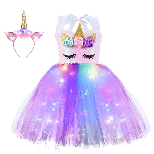 Girl Unicorn Dresses for Girls Tutu Princess Party Dresses with LED Lights Flower Birthday Party Cosplay Costume Girls Clothing