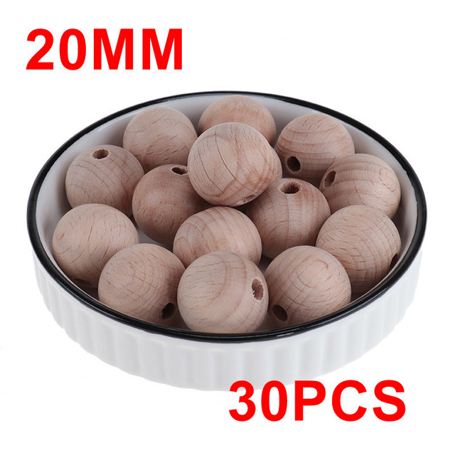 30pcs Natural Beech Wood Round Loose Beads Hexagonal Round Bracelet Necklace Baby Teether Pacifier Chain Accessories Jewelry Making