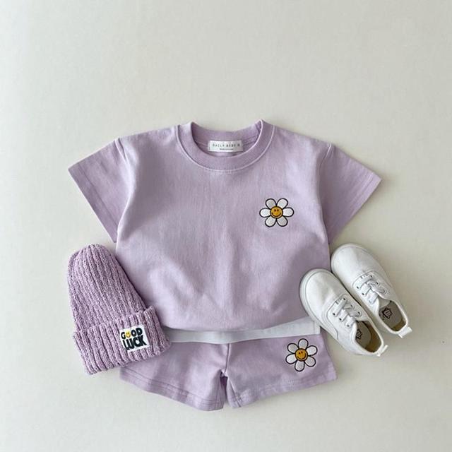 2021 Summer New Cotton Baby Clothes Set Boys and Girls Cute Smiley Print Tops + Shorts 2pcs Kids Children Clothing Suit