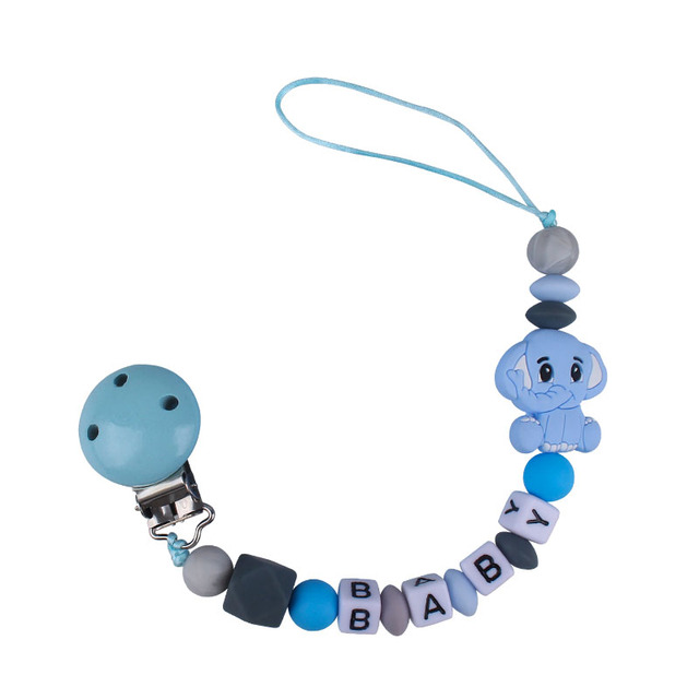 Customized Name Newborn Infant Baby Pacifier Clips Chain Elephant Silicone Beads Toy Teether Toy Doll Baby Holder Pacifier Chain