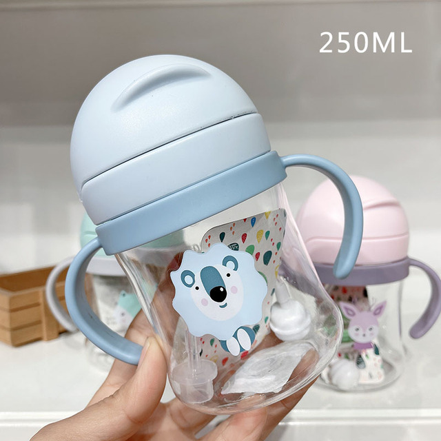 250ml Cartoon Style Outdoor Baby Drinking Bottle With Straw Baby Feeding Cup For Kids Training Portable Handle Water Bottle