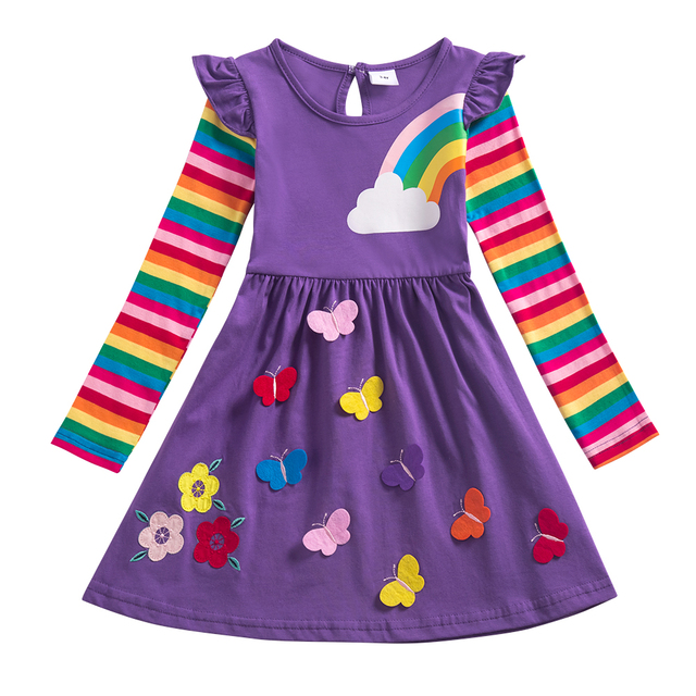 Girl Long Dresses New Autumn Spring Cartoon Girl Dress Casual Cotton Embroidered Girls Long Sleeve Unicorn Dress 81035